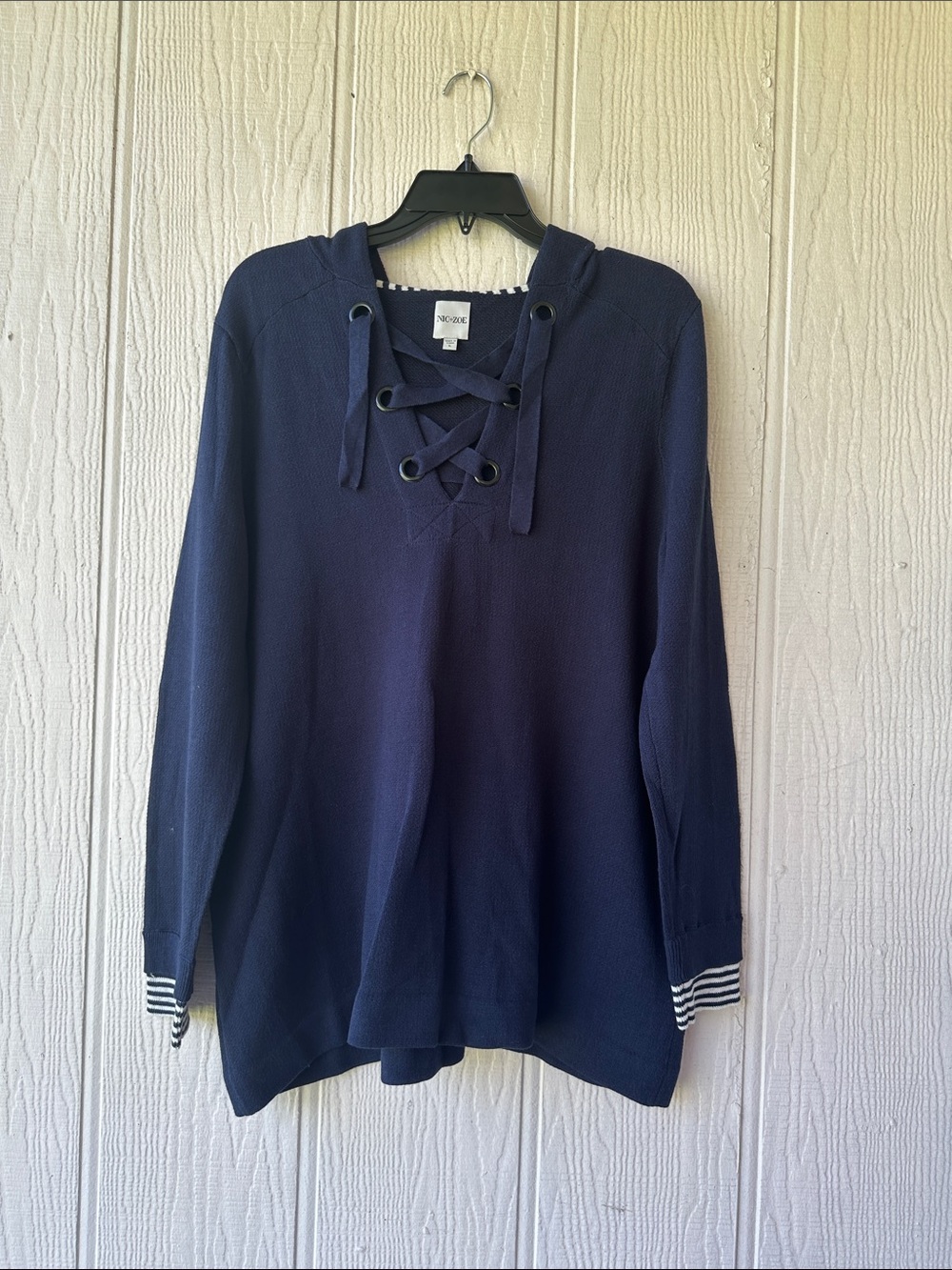 NIC+ZOE Navy Lace-Up Hooded Sweater